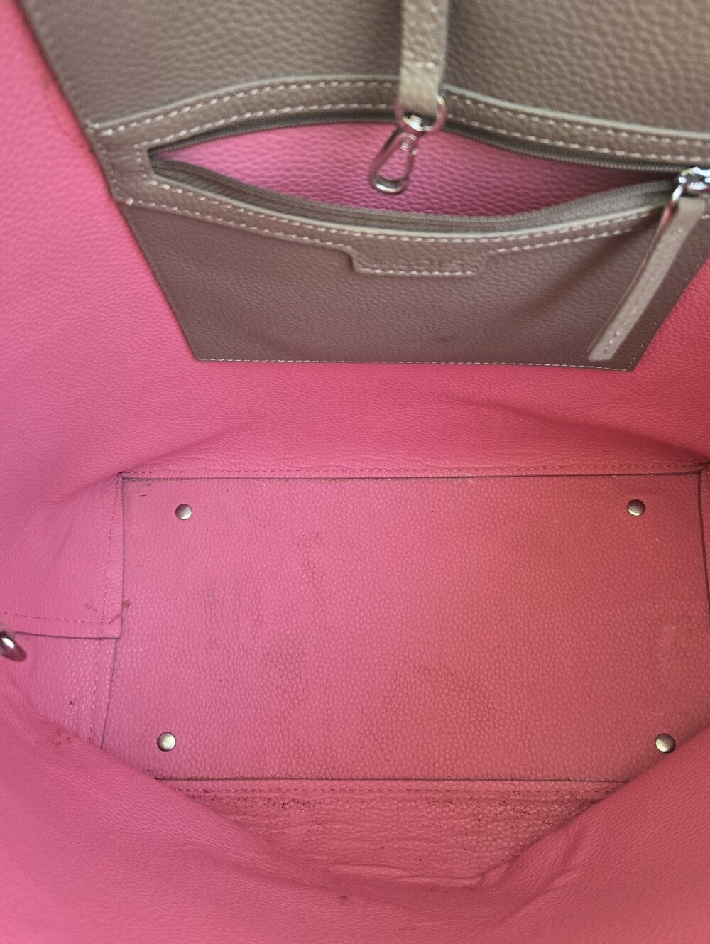 Lodis Taupe Pebbled Leather Work Tote With Pink Trim - Picture 12 of 12